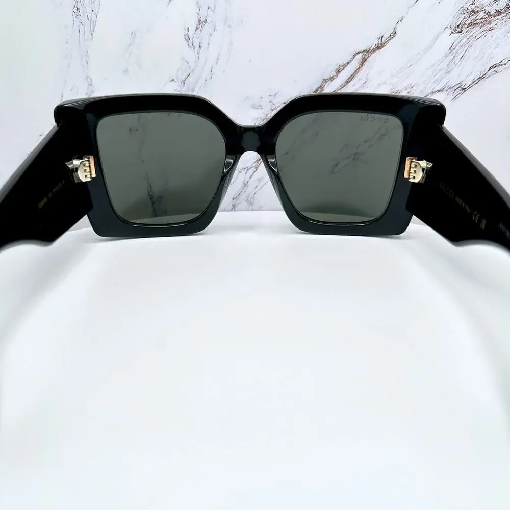 New GUCCI Sunglasses Black Gold Logo Square Oversized 51mm Grey Lens Womens